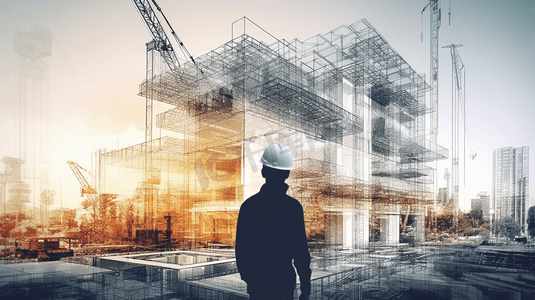 未来建筑建筑工程项目概念与双曝光平面设计。使用现代民用设备技术的建筑工程师、建筑师或建筑工人。
