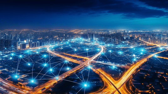 智慧城市事物图标在城市交通夜背景和无线通信网络商业区与高速公路相结合。(商业及互联网概念)
