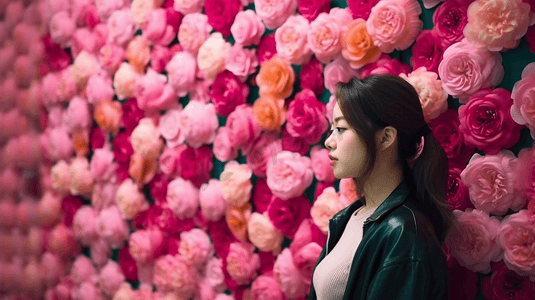 韩国女生摄影照片_有粉红花的一名妇女