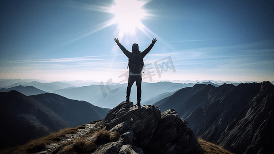 疯狂的人在蓝天空背景下飞过太阳跳跃人和美丽的日落天空的轮廓设计要