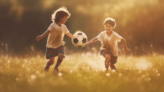 儿童踢足球摄影照片_孩子在户外踢足球