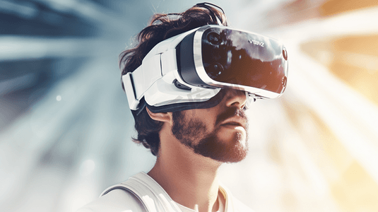 进入虚拟现实世界。戴着护目镜的男子。未来的技术。三维渲染

