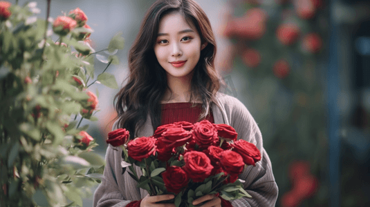 浪漫爱摄影照片_女人抱着一束红玫瑰