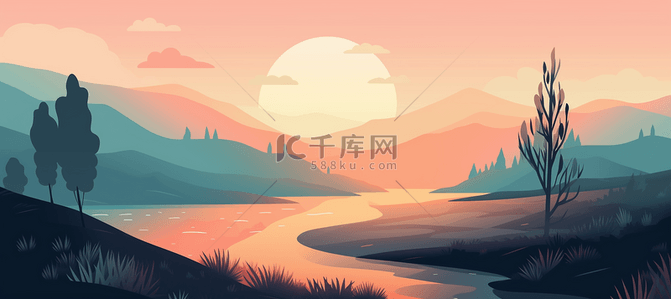 午后夕阳季节秋季河流矢量图海报插画背景