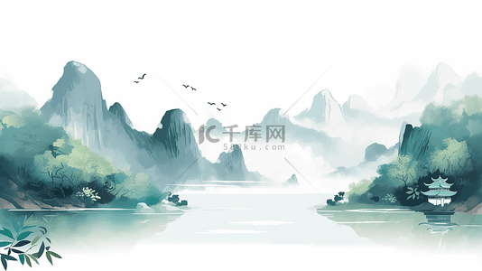 山水古风水墨背景图片_中国风山水绿色水墨banner背景