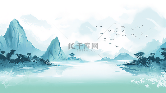 中国风山水绿色水墨背景