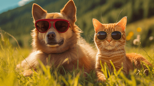 狗和猫摄影照片_戴着墨镜的猫和狗