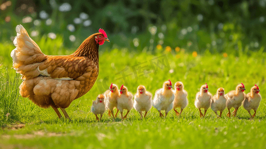 生态摄影照片_鸡妈妈带者一排小鸡