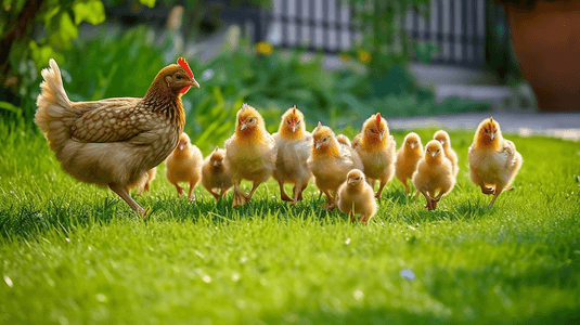 鸡妈妈带者一排小鸡