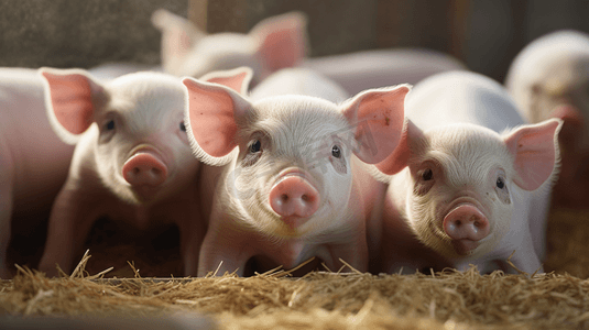 这些可爱的小猪抬头凝视着牧场