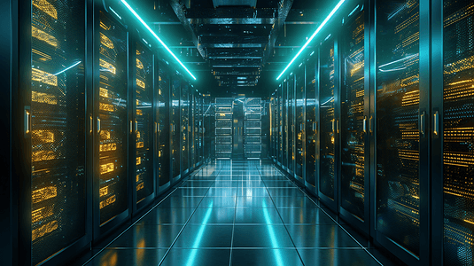 现代化的内部服务器机房数据中心。连接和网络在黑暗的服务器。备份采矿托管主机场云和存储信息的计算机机架
