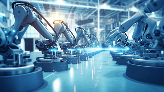 蓝色人工智能摄影照片_工业自动化机器人团队在机器蓝色背景下与智能工厂的汽车零部件合作工业4.0和人工智能机器人在未来概念上代替人类工作