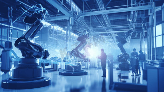 工业自动化机器人团队在机器蓝色背景下与智能工厂的汽车零部件合作工业4.0和人工智能机器人在未来概念上代替人类工作