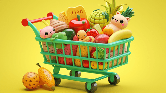 电商首页促销摄影照片_购物车装满了卡通玩具与水果