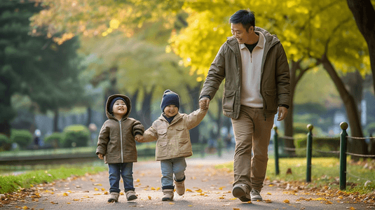 父亲和孩子在公园里手牵手散步