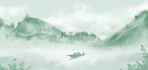 古风水墨手绘背景图片_水墨山水绿色中国风下雨