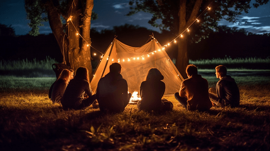 年轻朋友晚上的户外露营聚会