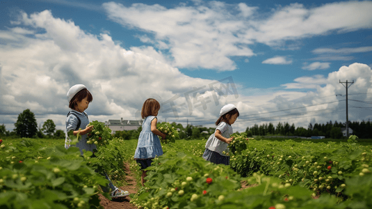 草莓夹心黑巧克力摄影照片_孩子们在农场采摘草莓
