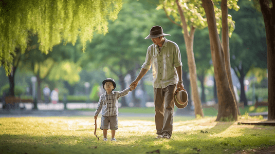 孩子散步摄影照片_父亲和孩子在公园里手牵手散步