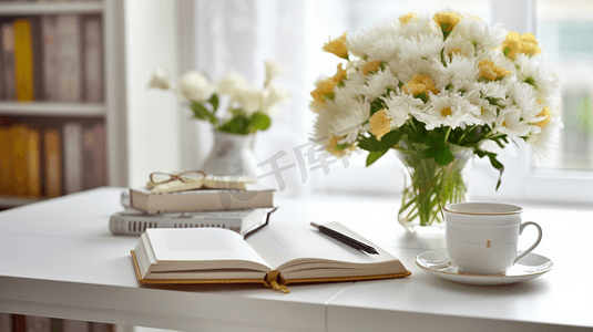 香摄影照片_美丽的香氛清新的书花飘香小沙发白色窗帘