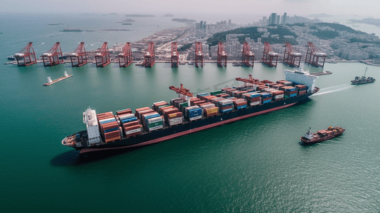 亚洲泰国摄影照片_大型货物集装箱船流运输国际进出口服务海上和航运港口背景鸟瞰图