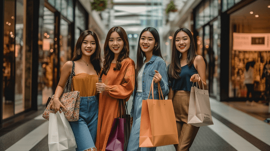 现代购物购物，时尚女性提着购物袋