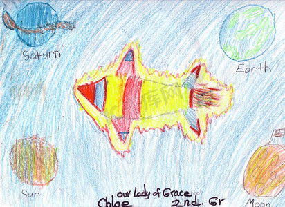 儿童绘画太空宇宙飞船星球和行星