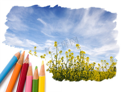 彩色铅笔画开阔的蓝天风景