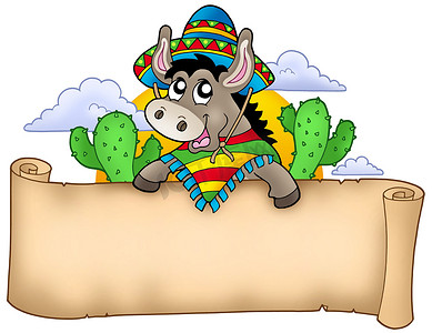 仙人掌卡通摄影照片_墨西哥驴手持羊皮纸