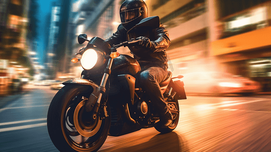 摩托车摄影照片_摩托车骑手在市中心骑摩托车