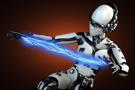 cyborg摄影照片_带闪电的钢铁和白色塑料女性机器人