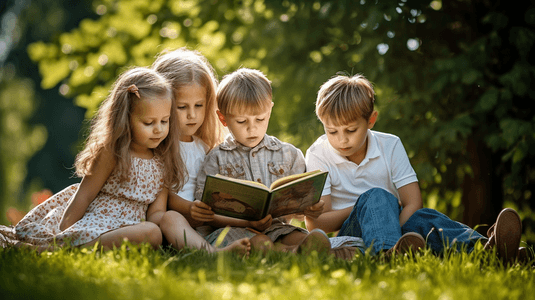 四个孩子躺在草地上一起读书