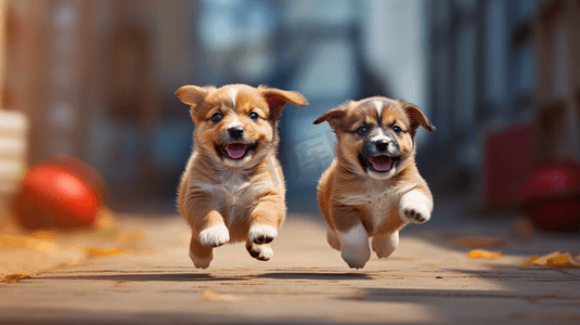 两只小狗在草原上一起奔跑