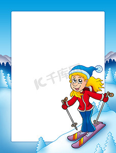 好看卡通摄影照片_卡通滑雪女子相框