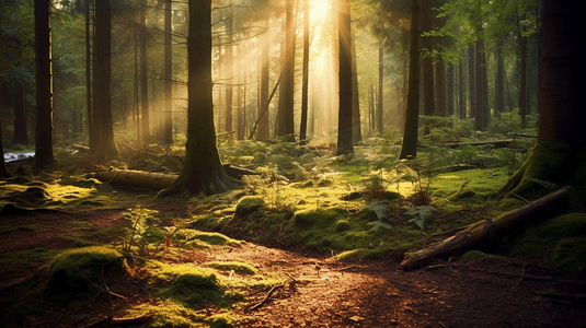 阳光斜射入树林间隙