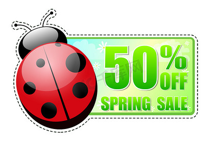 春季促销促销摄影照片_带有瓢虫的春季销售绿色标签减价 50%
