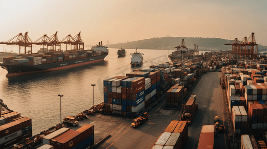 货运船摄影照片_集装箱船在进出口港对抗装船场美丽晨光用于货运