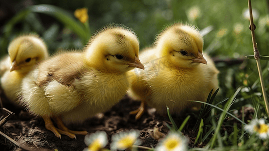 小团体摄影照片_小鸡特写草地上的黄鸡养殖小家禽农业小鸡草地上的黄家禽养殖场地新生动物