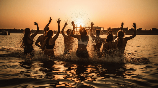 朋友和团队在日落时间在海滩上跳跃以取得成功的剪影生活方式和