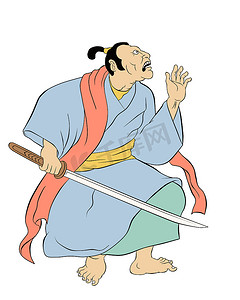 卡通日本摄影照片_有武士刀剑战斗姿态的武士