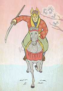 卡通日本摄影照片_武士骑马攻击