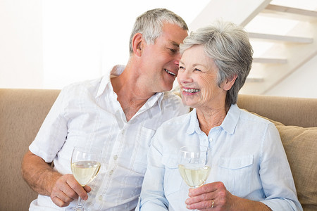坐在沙发上喝白葡萄酒的年长夫妇