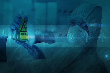 合成实验摄影照片_烧瓶中危险化学品防护服科学家的合成图像