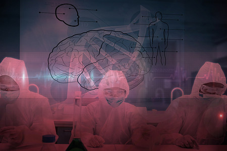 化学家穿着防护服工作的合成图像，带有显示 dna 的未来派界面