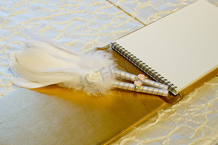 婚礼登记簿和羽毛笔的照片。