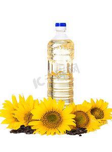 调味瓶摄影照片_瓶与花的向日葵油