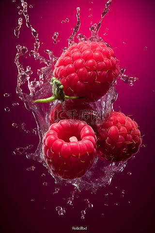 树莓水果与液体碰撞瞬间液体飞溅摄影图