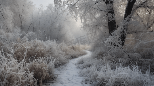 冰冻的树木和雪中的小路白色的冬天