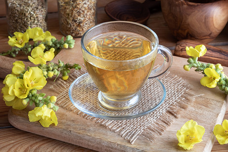 一杯含新鲜盛开的毛蕊花的毛蕊花茶