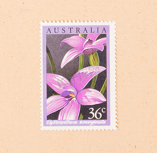 国潮1980摄影照片_澳大利亚 — 大约 1980 年：在澳大利亚打印的邮票显示了 flo